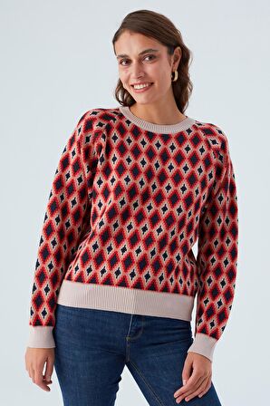 Peraluna TRUDY PULLOVER Baklava Desenli Standart Kesim Kadın Triko Kazak Multi Pudra