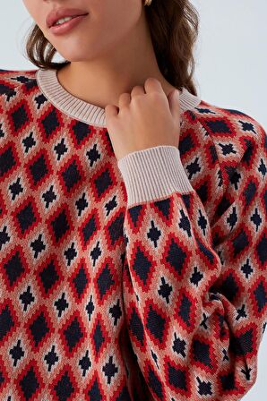 Peraluna TRUDY PULLOVER Baklava Desenli Standart Kesim Kadın Triko Kazak Multi Pudra