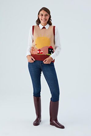 Peraluna SUNNY VEST El İşlemeli Kadın Triko Süveter Bej/Kahve