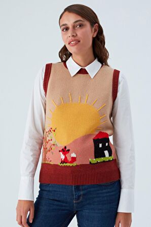 Peraluna SUNNY VEST El İşlemeli Kadın Triko Süveter Bej/Kahve