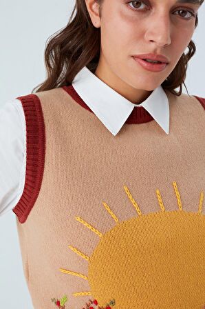 Peraluna SUNNY VEST El İşlemeli Kadın Triko Süveter Bej/Kahve
