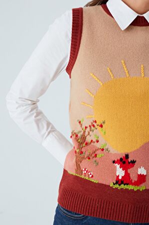 Peraluna SUNNY VEST El İşlemeli Kadın Triko Süveter Bej/Kahve