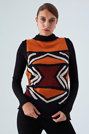 Peraluna KENDA VEST Etnik Jakar Desenli Yanları Yırtmaçlı Kadın Triko Süveter Multi