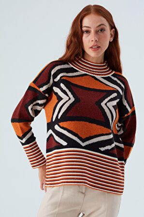 Peraluna KENDA PULLOVER Etnik Jakar Desenli Yünlü Krop Kadın Triko Kazak Multi