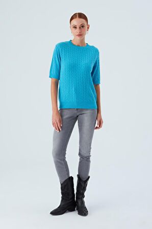 Peraluna NICOLE BLOUSE Saç Örgülü Kısa Kollu Kaşmirli Kadın Triko Bluz Turkuaz