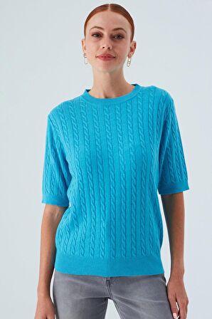 Peraluna NICOLE BLOUSE Saç Örgülü Kısa Kollu Kaşmirli Kadın Triko Bluz Turkuaz