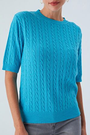 Peraluna NICOLE BLOUSE Saç Örgülü Kısa Kollu Kaşmirli Kadın Triko Bluz Turkuaz