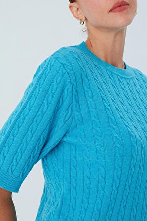 Peraluna NICOLE BLOUSE Saç Örgülü Kısa Kollu Kaşmirli Kadın Triko Bluz Turkuaz