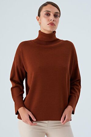 Peraluna Balıkçı Yaka Boğazlı Bol Kesim Kadın Triko Kazak Kahve