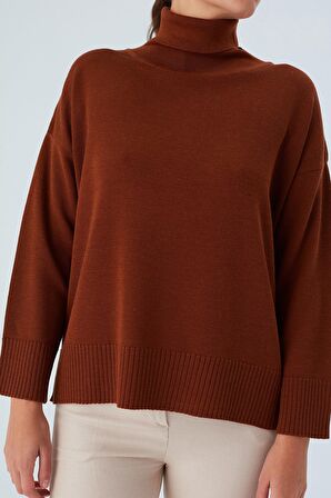 Peraluna Balıkçı Yaka Boğazlı Bol Kesim Kadın Triko Kazak Kahve