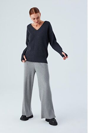 Peraluna V Yaka Bol Kesim Kaşmir Karışım Kadın Triko Kazak Antrasit