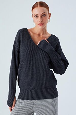 Peraluna V Yaka Bol Kesim Kaşmir Karışım Kadın Triko Kazak Antrasit