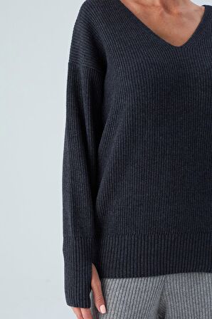 Peraluna V Yaka Bol Kesim Kaşmir Karışım Kadın Triko Kazak Antrasit