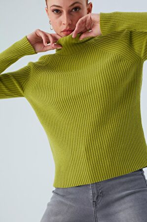 Peraluna Fit Kalıp Balıkçı Yaka Kaşmir Karışım Kadın Triko Kazak Yeşil