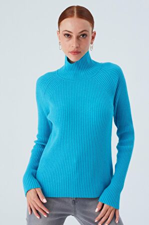 Peraluna Fit Kalıp Balıkçı Yaka Kaşmir Karışım Kadın Triko Kazak Turkuaz
