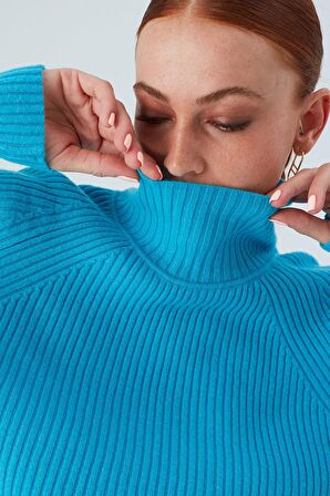 Peraluna Fit Kalıp Balıkçı Yaka Kaşmir Karışım Kadın Triko Kazak Turkuaz