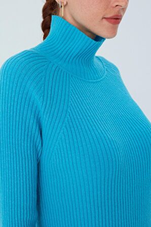 Peraluna Fit Kalıp Balıkçı Yaka Kaşmir Karışım Kadın Triko Kazak Turkuaz