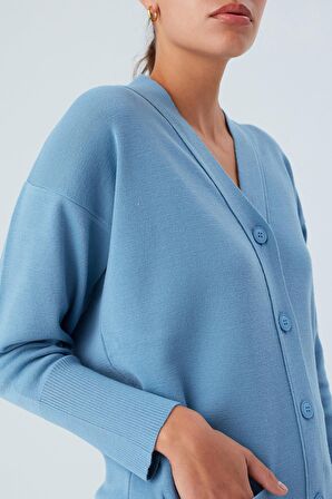 Peraluna Cepli Klasik Kesim V Yaka Uzun Kadın Triko Hırka Mavi