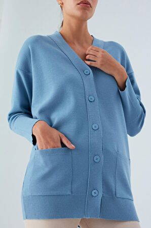 Peraluna Cepli Klasik Kesim V Yaka Uzun Kadın Triko Hırka Mavi