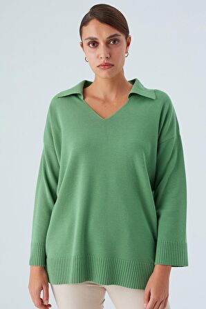 Peraluna Polo V Yaka Bol Kesim Kadın Triko Kazak Yeşil