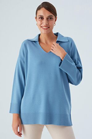 Peraluna Polo V Yaka Bol Kesim Kadın Triko Kazak Mavi