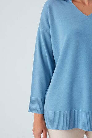 Peraluna Polo V Yaka Bol Kesim Kadın Triko Kazak Mavi