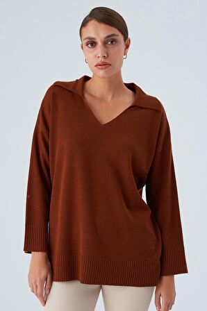 Peraluna Polo V Yaka Bol Kesim Kadın Triko Kazak Kahve