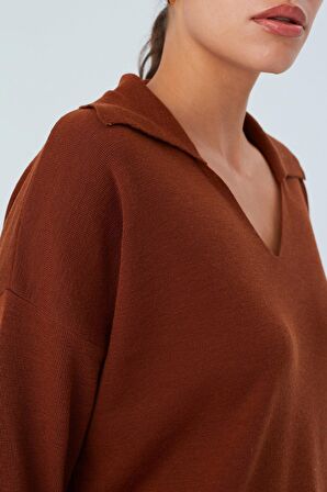 Peraluna Polo V Yaka Bol Kesim Kadın Triko Kazak Kahve