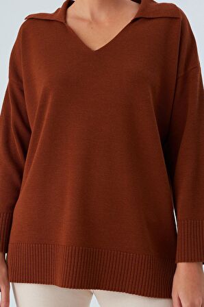 Peraluna Polo V Yaka Bol Kesim Kadın Triko Kazak Kahve