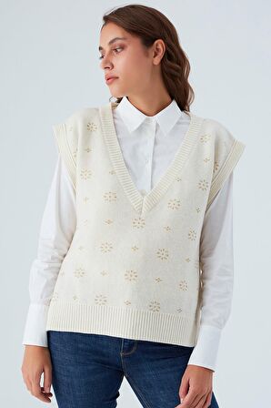 Peraluna LULU VEST Simli Kar Taneli Yanları Düğmeli V Yaka Kadın Triko Süveter Ekru