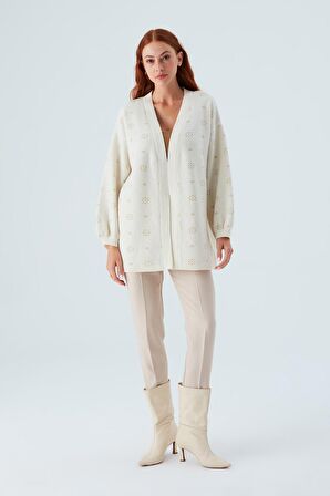 Peraluna LULU CARDIGAN Simli Kar Tanesi Desenli Uzun Kadın Triko Hırka Ekru