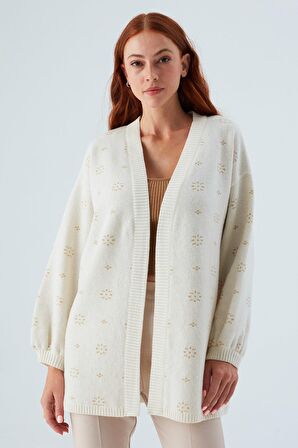 Peraluna LULU CARDIGAN Simli Kar Tanesi Desenli Uzun Kadın Triko Hırka Ekru