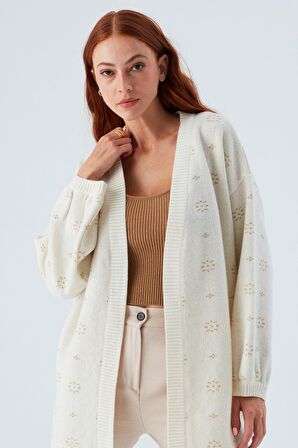 Peraluna LULU CARDIGAN Simli Kar Tanesi Desenli Uzun Kadın Triko Hırka Ekru