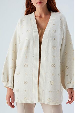 Peraluna LULU CARDIGAN Simli Kar Tanesi Desenli Uzun Kadın Triko Hırka Ekru