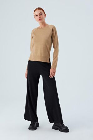 Peraluna VANESSA PULLOVER Merino Yünlü Yanları Yırtmaçlı Ince Kadın Triko Kazak Camel Melanj
