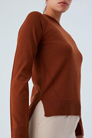 Peraluna VANESSA PULLOVER Merino Yünlü Yanları Yırtmaçlı Ince Kadın Triko Kazak Kahve