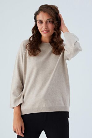 Peraluna NELL PULLOVER Yanları Yırtmaçlı 3/4 Kol İnce Kadın Triko Kazak Bej Melanj