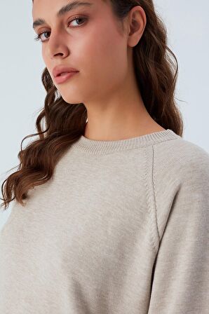 Peraluna NELL PULLOVER Yanları Yırtmaçlı 3/4 Kol İnce Kadın Triko Kazak Bej Melanj