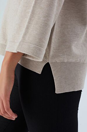 Peraluna NELL PULLOVER Yanları Yırtmaçlı 3/4 Kol İnce Kadın Triko Kazak Bej Melanj