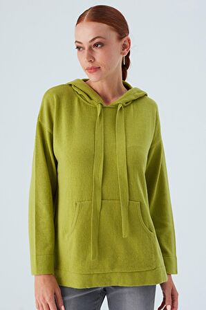 Peraluna Kaşmir Karışım Kapüşonlu Bol Kesim Kadın Triko Kazak Yeşil