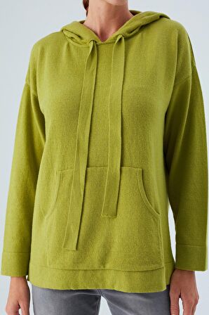Peraluna Kaşmir Karışım Kapüşonlu Bol Kesim Kadın Triko Kazak Yeşil