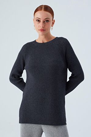 Peraluna Yırtmaçlı Bol Kesim Kaşmir Karışım Kadın Triko Kazak Antrasit Melanj