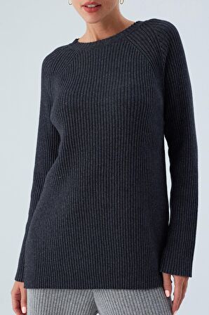 Peraluna Yırtmaçlı Bol Kesim Kaşmir Karışım Kadın Triko Kazak Antrasit Melanj