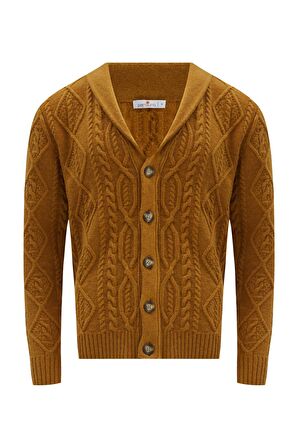 Peraluna BENJAMİN CARDİGAN Troyer Yaka Yumuşak Tuşeli Yünlü Erkek Triko Hırka Hardal