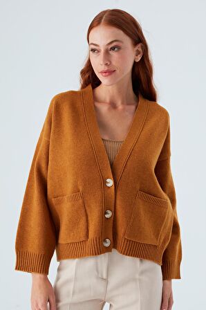 Peraluna CAROL CARDIGAN Cepli Düğmeli Rahat Kesim Crop Kadın Triko Hırka Sütlü Kahve