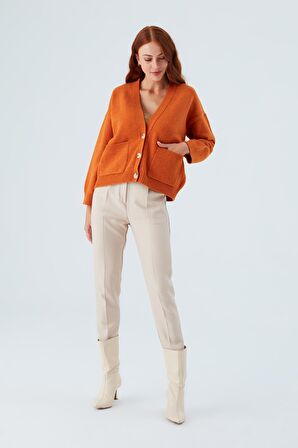 Peraluna CAROL CARDIGAN Cepli Düğmeli Rahat Kesim Crop Kadın Triko Hırka Turuncu