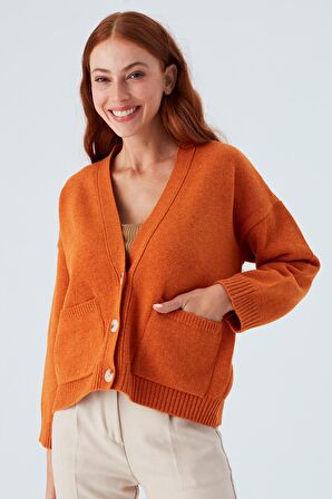 Peraluna CAROL CARDIGAN Cepli Düğmeli Rahat Kesim Crop Kadın Triko Hırka Turuncu