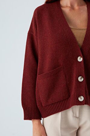 Peraluna CAROL CARDIGAN Cepli Düğmeli Rahat Kesim Crop Kadın Triko Hırka Bordo