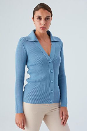 Peraluna Polo V Yaka Ribana Örgü Fit Kesim Kadın Triko Hırka Mavi