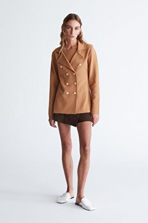 Styleboom X Peraluna KATHERINE BLAZER Çelik Örgü Klasik Kesim Düğmeli Blazer Kadın Triko Ceket Camel